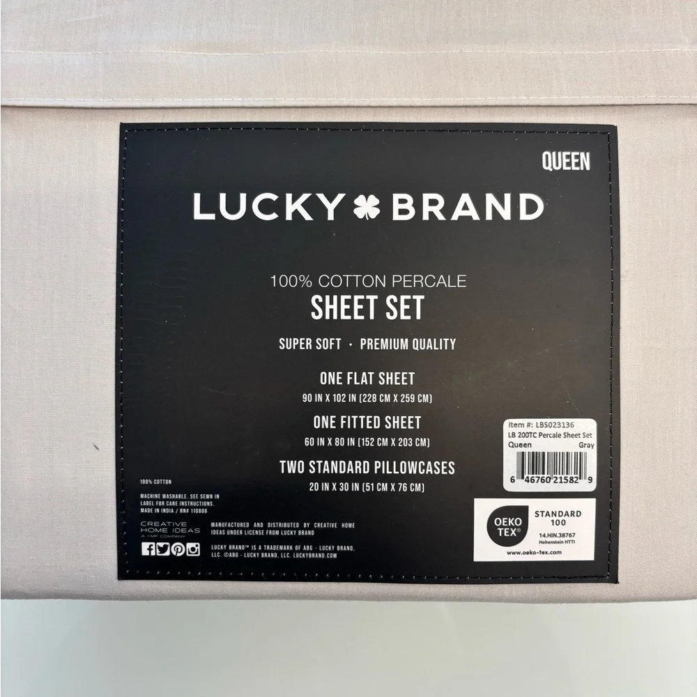 Lucky Brand Cotton Percale Queen Sheet Set in Light Gray - Picture 2 of 2